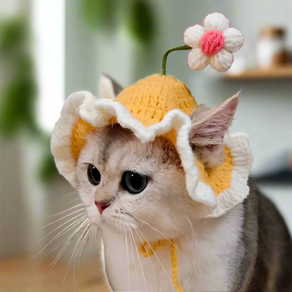 Knitted Flower Cat Hat